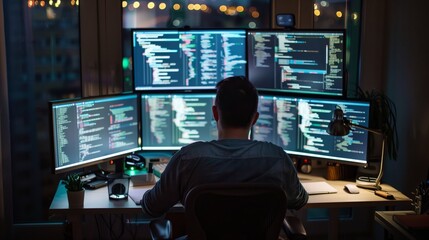 A computer scientist works late, multiple monitors aglow with code. The room brims with focused intensity.