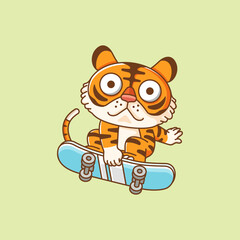 Cute tiger Playing Skateboard slide animal kawaii chibi character mascot illustration outline style