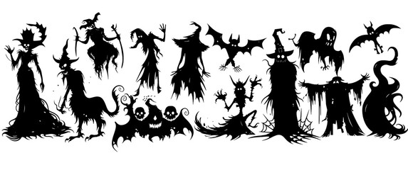 Naklejka premium A series of creepy, scary, and dark silhouettes of witches, bats