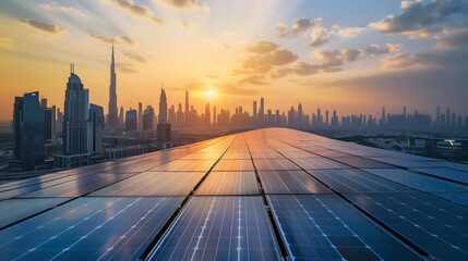 Obraz premium Solar Panels with Modern City Skyline at Sunrise