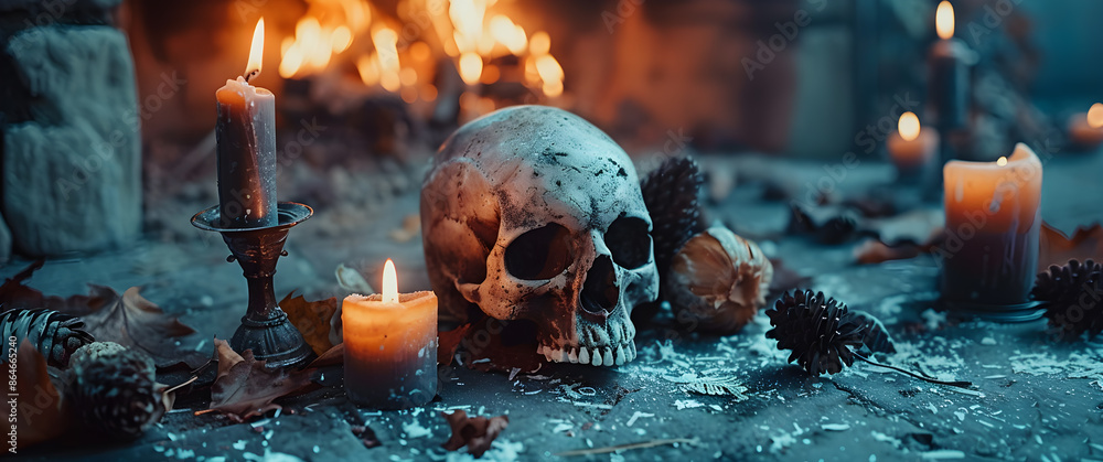 Poster a skull is placed on a table with candles and other objects