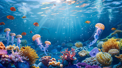 Obraz premium Colorful Underwater World with Jellyfish and Coral Reefs
