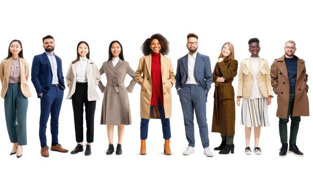 A group of diverse business professionals posing in a line, all smiling and wearing formal business attire. AIG535