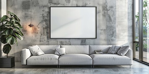 Blank frame mockup in home interior with gray concrete wall and design furniture.
