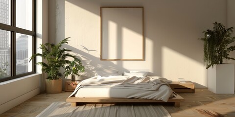 Bright and airy bedroom with a large bed, plants, and a rug on the floor.