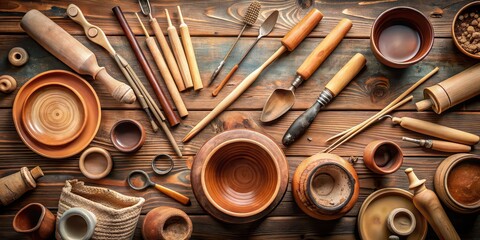 Assorted tools for pottery with clay , pottery, tools, ceramics, sculpting, clay, art, crafting, creating