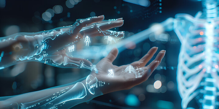 Holographic Hands and Skeleton in a Futuristic Medical Interface
Digital Anatomy Display with Interactive Holographic Technology - Powered by Adobe