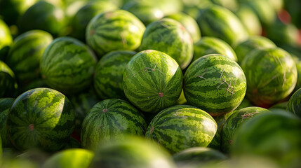 Fototapeta premium Freshly harvested watermelons piled up at a farmer's market, showcasing vibrant green stripes and natural sunlight in a bountiful display