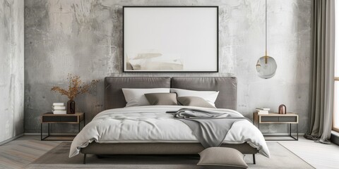 Modern minimal bedroom interior design with soft gray bedding and stylish furniture