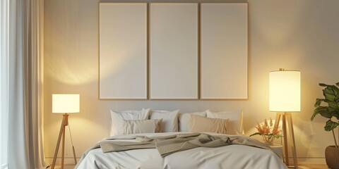 Obraz premium The cozy bedroom interior with a soft bed, warm lighting, and stylish furniture creates a relaxing and inviting atmosphere.