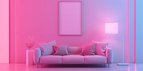 The image is a 3D rendering of a living room. The room is lit by a pink and blue neon light. There is a white sofa in the center of the room.