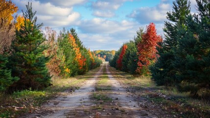 Fototapeta premium dirt road surrounded by trees in the forest