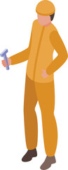 Construction worker wearing protective gear holding a t shaped wrench, isometric icon illustration