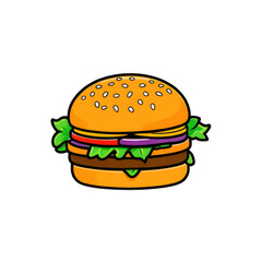 Cheeseburger Cartoon PNG, Transparent Background, Cute Cheeseburger Sticker, Hamburger, Icon, Clipart, Symbol, Unhealthy Food, Tomato, Lettuce, Cheese, Meat, Bun, Web, Drawing, Line art, Isolated