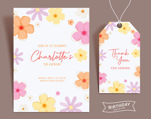 Birthday girl invitation card vector template. Flowers invitation and thank you card set for girl birthday party gift tag template design. Vector illustration flower lay out collection. 
