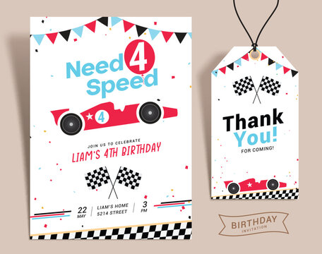 Birthday boy invitation card vector template. Boy birthday invitation and thank you card with race car theme celebration background. Vector illustration greeting template.  
 - Powered by Adobe
