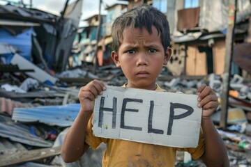 A young boy holding a "HELP" sign against the backdrop of destroyed buildings, conveying a powerful call for assistance.