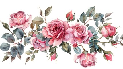 Naklejka premium A beautiful watercolor painting of a floral wreath with vibrant pink and red roses, complemented with green leaves and buds, against a white background.