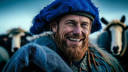 a man with a blue hat and a beard smiling