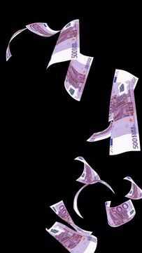 Euro banknotes, bills falling free on black background for overlays with alpha matte blending. HD video