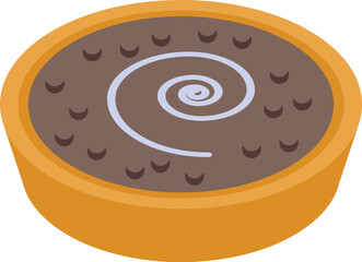 Round chocolate tart with white cream forming a spiral and chocolate chips, isolated on white background