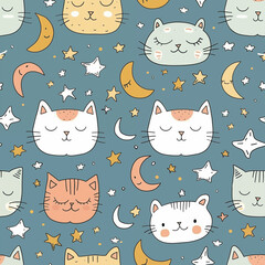 Bedtime Space Kitty Seamless Pattern