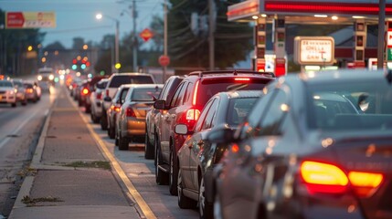 Line of cars at a gas station with a sign showing high prices, gasoline cost, consumer impac