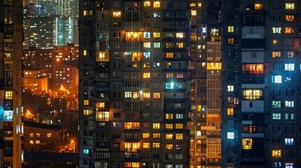 A vibrant nighttime cityscape with illuminated windows, each a subleased apartment, offers a glimpse into residents' lives.