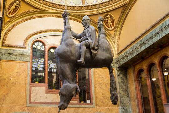 Prague, Czech Republic -Palace Lucerne sculpture of St. Wenceslas on the overturned horse of David Cerney's parody March 2017