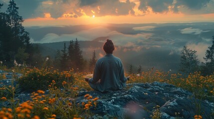 Obraz premium A beautifully composed shot of a person meditating on a mountain top, representing inner peace and self-fulfillment
