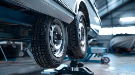 Close up view of a car jack lifting up a boat trailer that just had a new tire installed. Need new tires?
