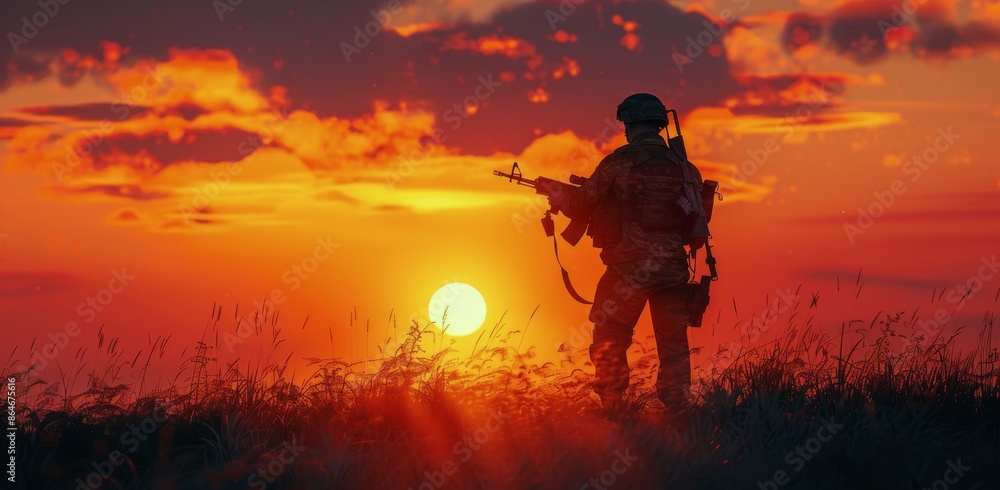 Sticker Soldier Silhouette at Sunset in Grassy Field