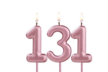 Lit birthday candle - Candle number 131 on white background