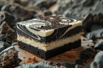 Chocolate cake with cream and chocolate sprinkles on a dark background
