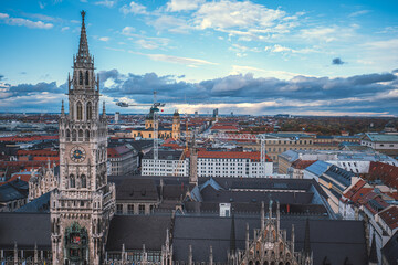 Panoramic view of the city with clear blue sky, iconic twin towers of Frauenkirche in the...