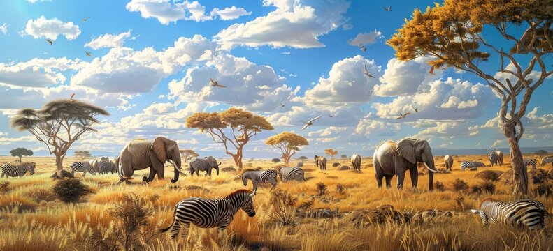 Fototapeta African Savanna with Elephants and Zebras