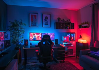 Modern Gaming Setup with Neon Lights, RGB Keyboard, PC, and Gaming Chair. Gamer Room Interior Design Inspiration
