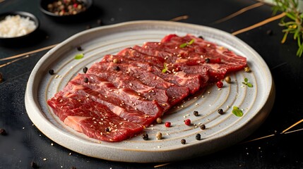 Premium Wagyu-Angus Beef Artfully Displayed on Ceramic Platter with Aromatic Peppercorns