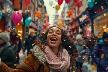 Obraz premium Woman laughing with joy amidst confetti and balloons during a festive celebration, surrounded by cheerful crowds.