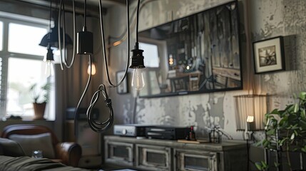 A cables are hanging in the room roof UHD wallpaper