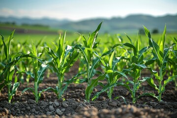 Obraz premium Close-up of young corn plants growing in a field. Green corn shoots in a field with mountains in the background. Agriculture and farming concept.