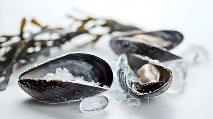 Frozen Glistening Mussels Nestled in Seaweed on Minimalist White Background