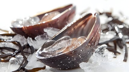 Fototapeta premium Frozen Half-Shell Mussels Nestled in Seaweed on Minimalist White Background