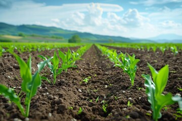 Close-up of rows of young corn plants growing in a field.  A green and hopeful image of agriculture, farming and rural life.