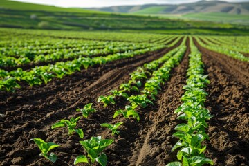 Rows of young green crops growing in a field, with hills in the background. Concept of agriculture, farming, and rural life.