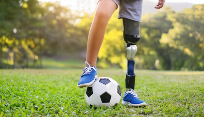 A disabled boy with prosthetic leg is playing football