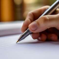 Close-up of hand writing with pen on paper. Concept of writing, journaling, creativity, and productivity.