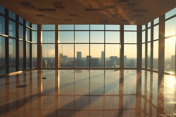 Fototapeta premium Empty office space with large windows overlooking a city skyline during sunrise or sunset. Concept of growth, potential, or new business opportunities.