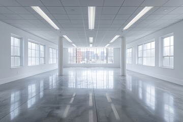 Fototapeta premium Modern empty office with big windows, view of cityscape, white walls and shiny floor, clean, minimalist office space.