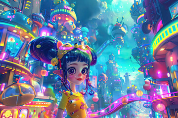Colorful digital artwork of a whimsical cityscape at night, featuring a stylized young girl in traditional dress standing in the center. Futuristic atmosphere scene is illuminated by neon lights.